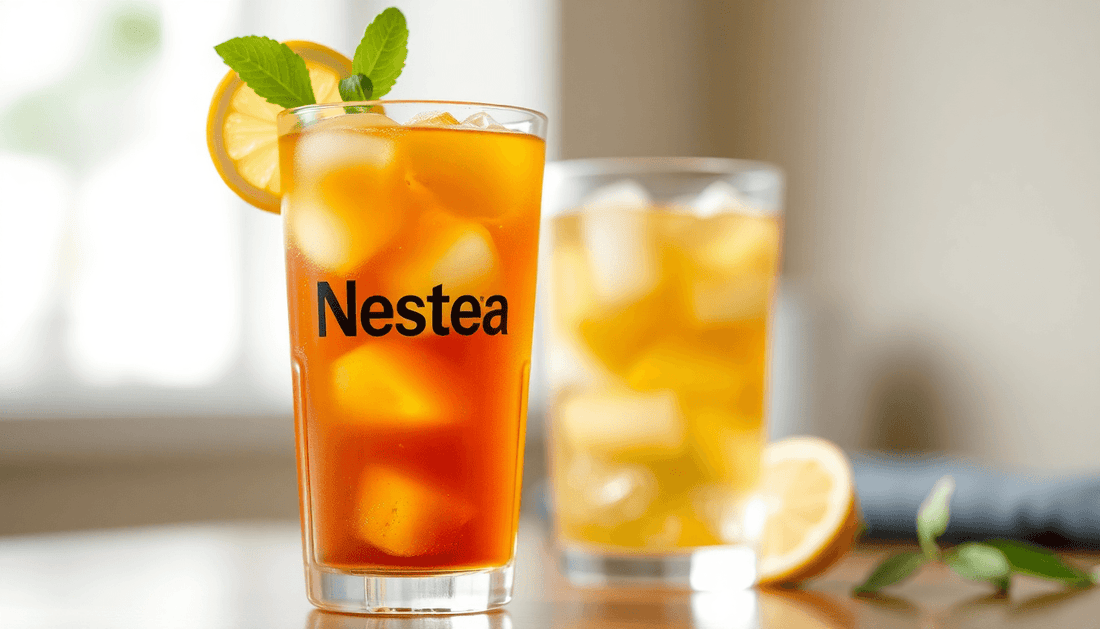 A glass of Nestea iced tea with ice cubes and lemon