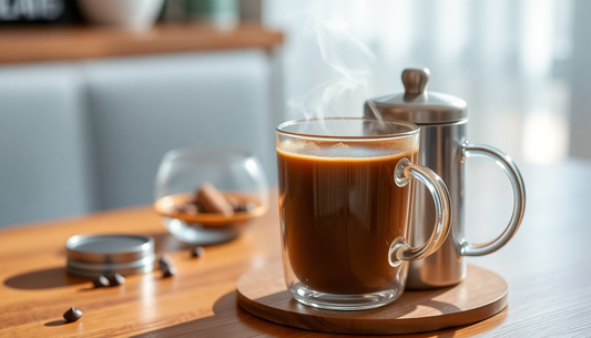 A steaming cup of 3-in-1 instant coffee on table