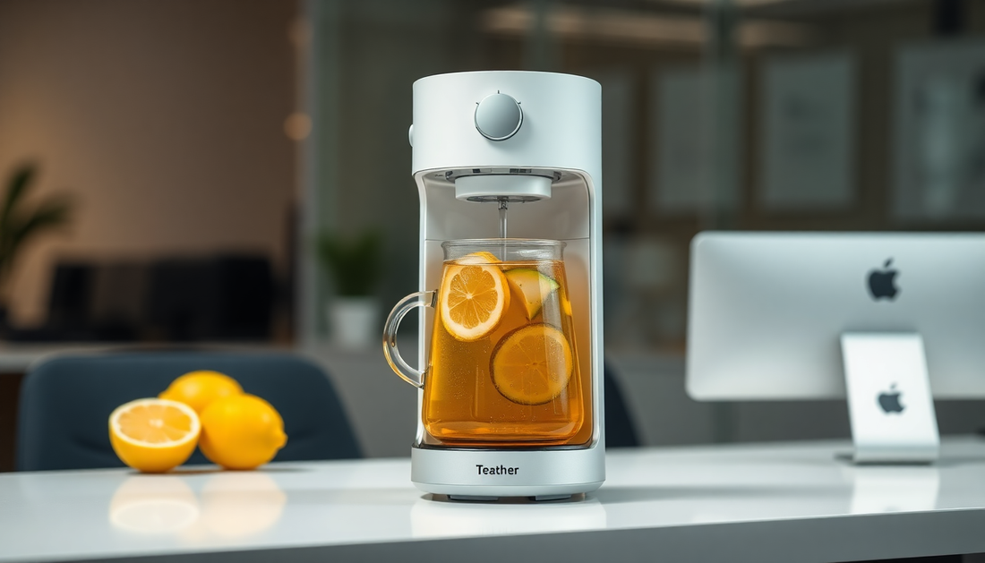 Sleek Atlantis tea coffee machine Noida brewing fresh lemon tea on a modern office desk
