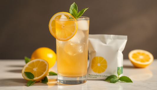 A glass of refreshing lemon drink with a premix pack