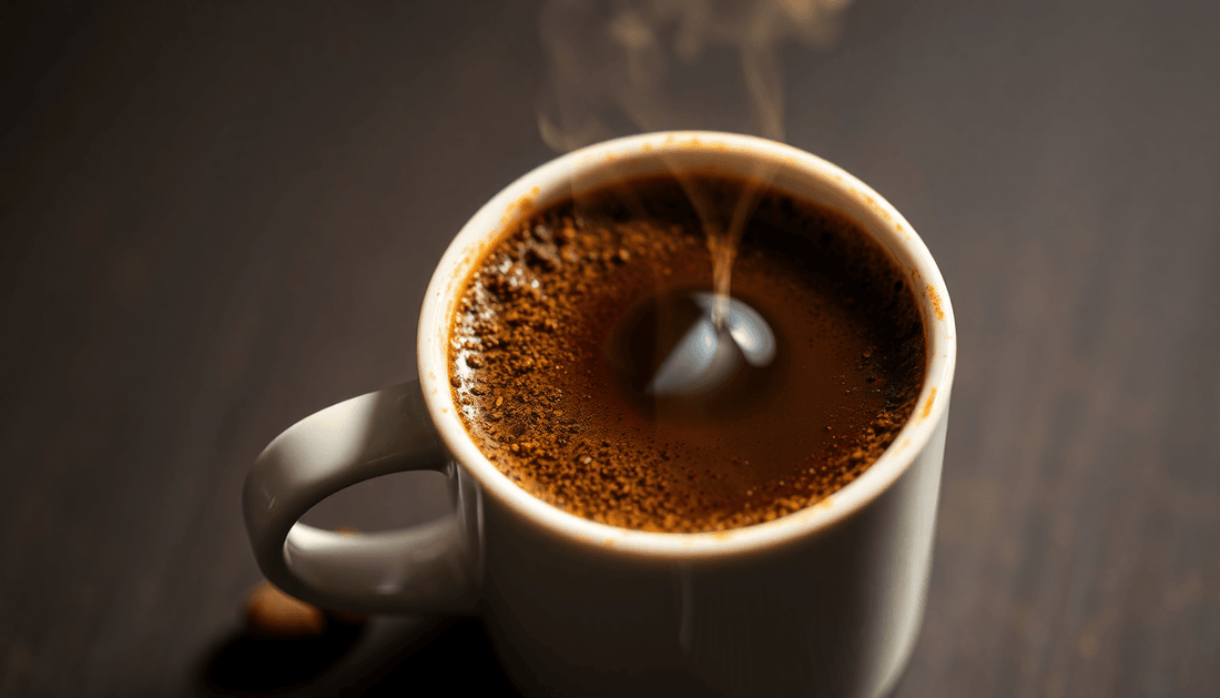 A steaming cup of 100% Arabica freeze dried coffee