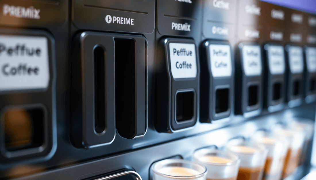 Close-up of a coffee vending machine dispensing premix coffee