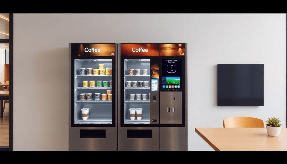 A modern 3-lane coffee vending machine in an office