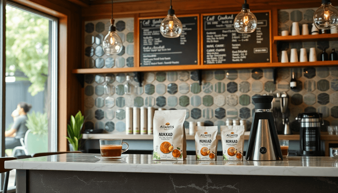 A cafe counter with Atlantis Nukkad Tea Premix pack