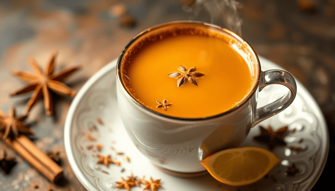 A steaming cup of Mumbai masala chai with spices