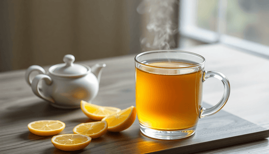 A steaming cup of lemon masala tea on desk