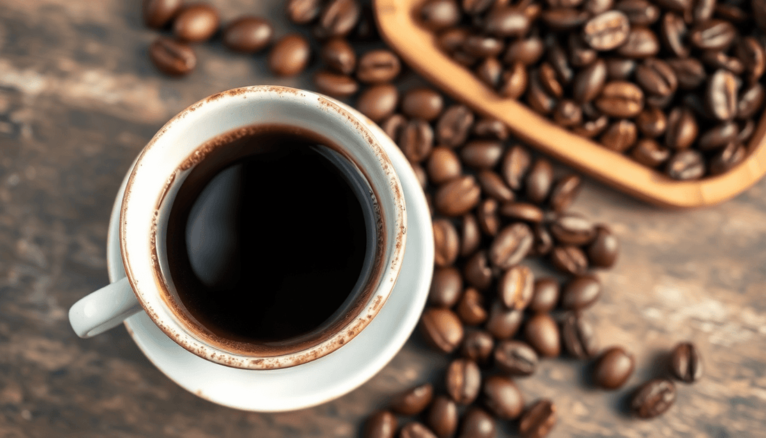 A cup of black chicory coffee with coffee beans