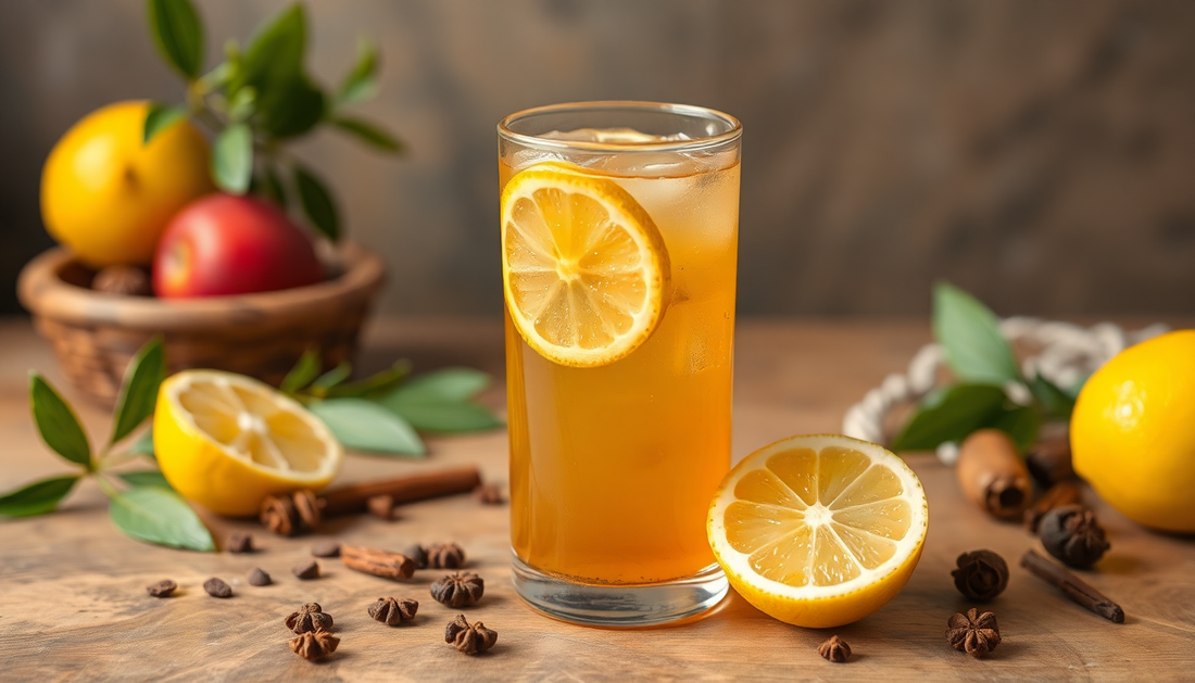 A glass of masala nimbu pani with lemon and spices