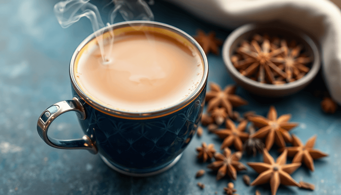 A steaming cup of Mumbai Masala Chai with spices