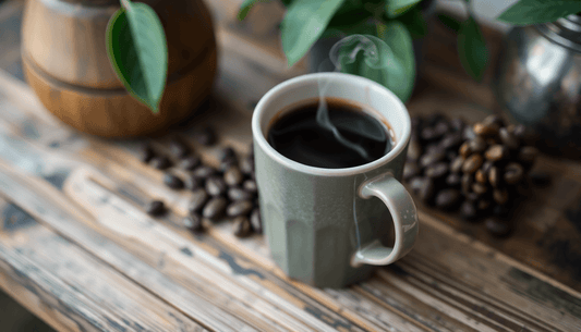 A steaming cup of organic black coffee on a rustic table