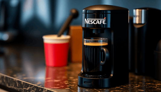 A Nescafe coffee maker brewing fresh coffee on a counter