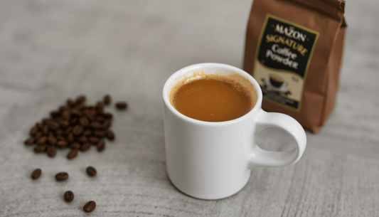 A cup of coffee with Mazon Signature Coffee Powder package