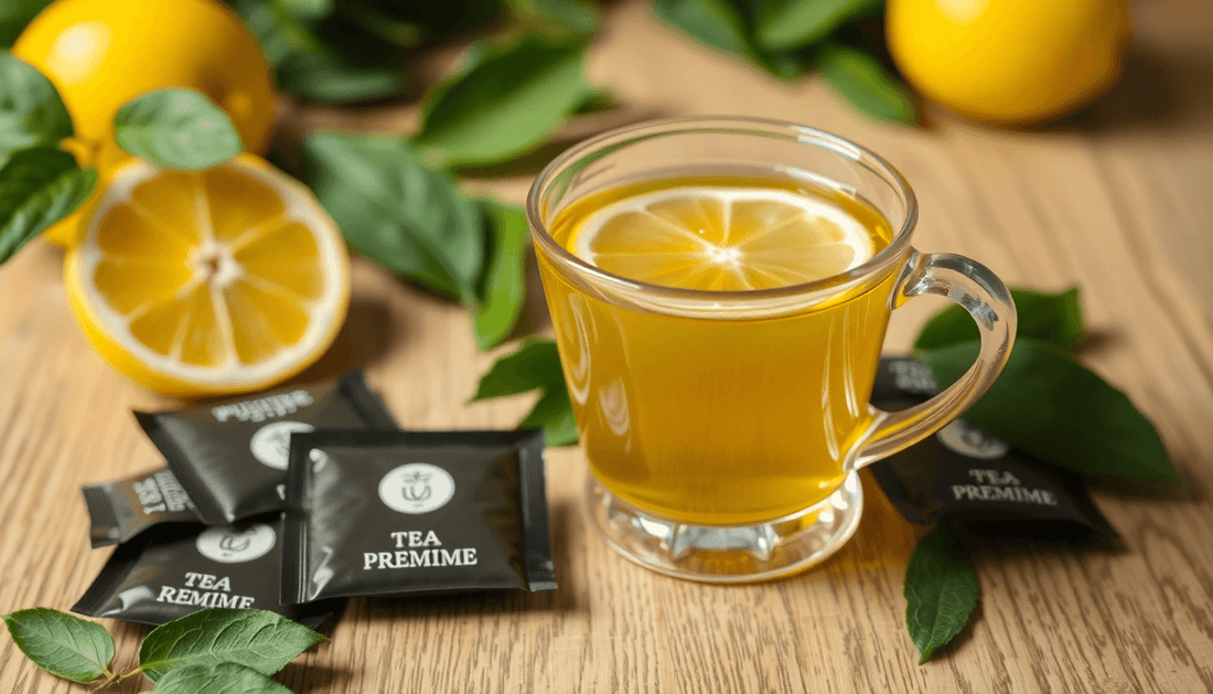 A cup of lemon tea with tea premix sachets on table