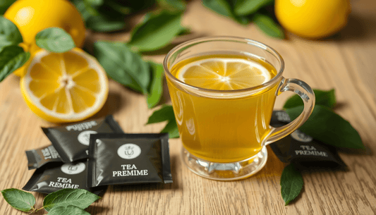 A cup of lemon tea with tea premix sachets on table