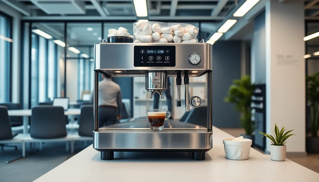 A commercial coffee machine in a modern office setting