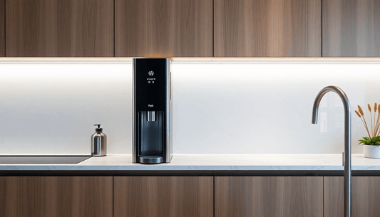 A sleek water dispenser placed in a modern kitchen