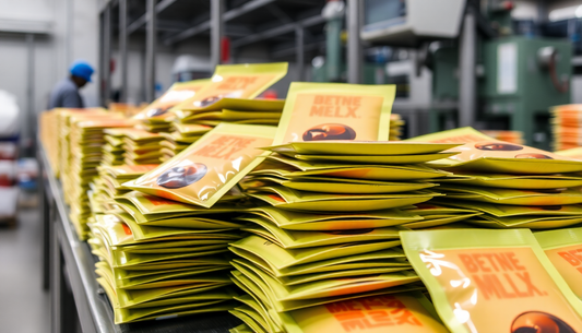 Fresh coffee premix packets stacked in a factory