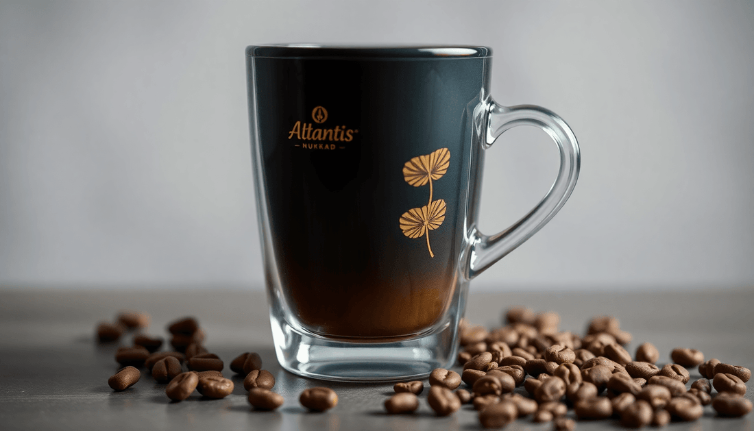 A cup of coffee with Atlantis Nukkad premix packaging