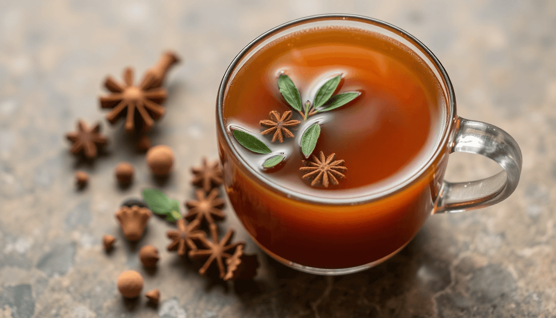 A cup of steaming chai with herbs and spices