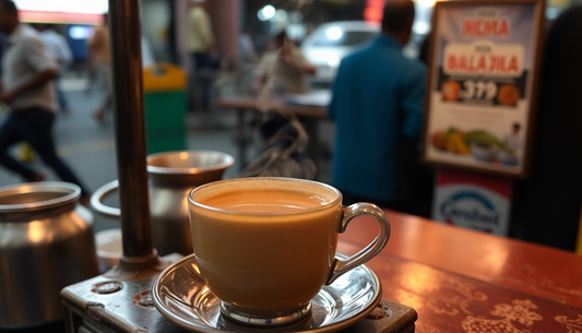 A steaming cup of Mumbai masala chai on a street stall