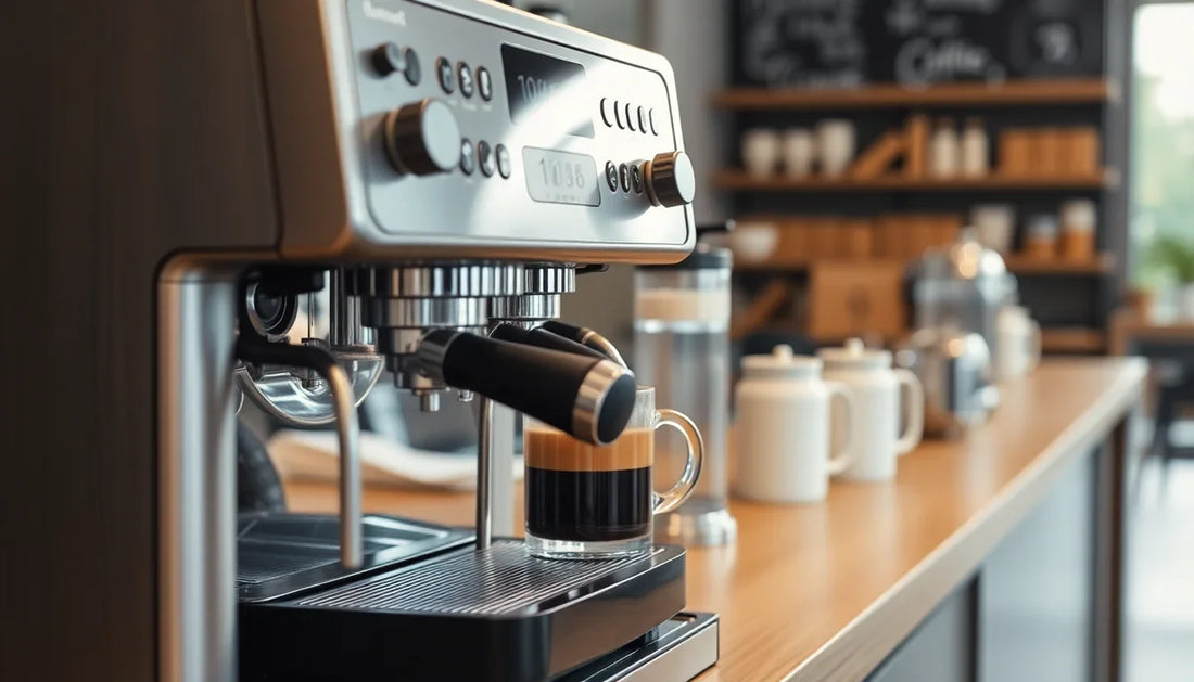 Close-up of an Atlantis Coffee Machine Sector 16 Noida brewing a fresh espresso in a modern cafe setting