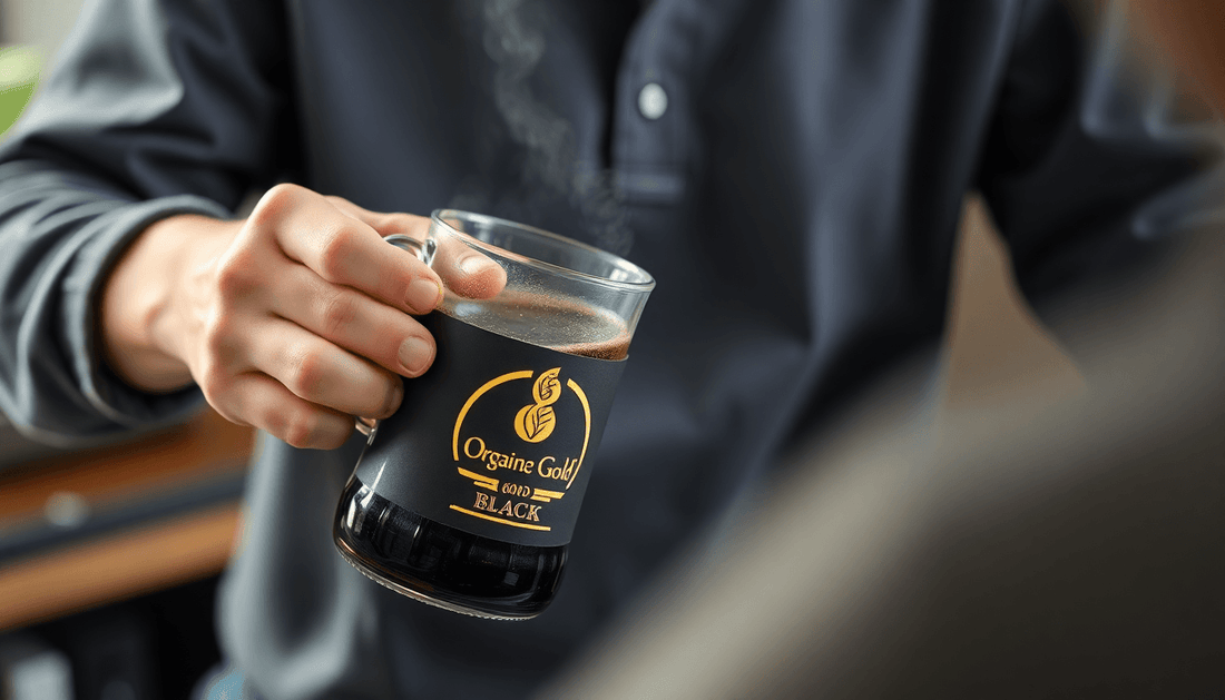 A person brewing Organo Gold black coffee during live stream