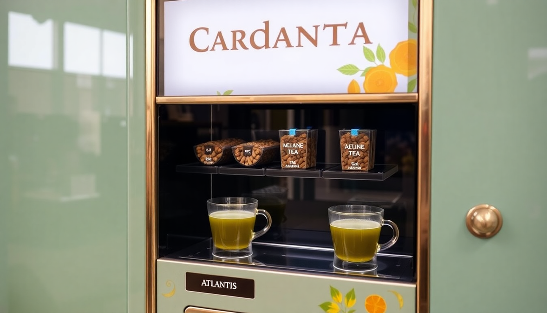 Atlantis tea vending machine by Atlantis tea vending machine dealer Noida with two cups of green tea and tea containers
