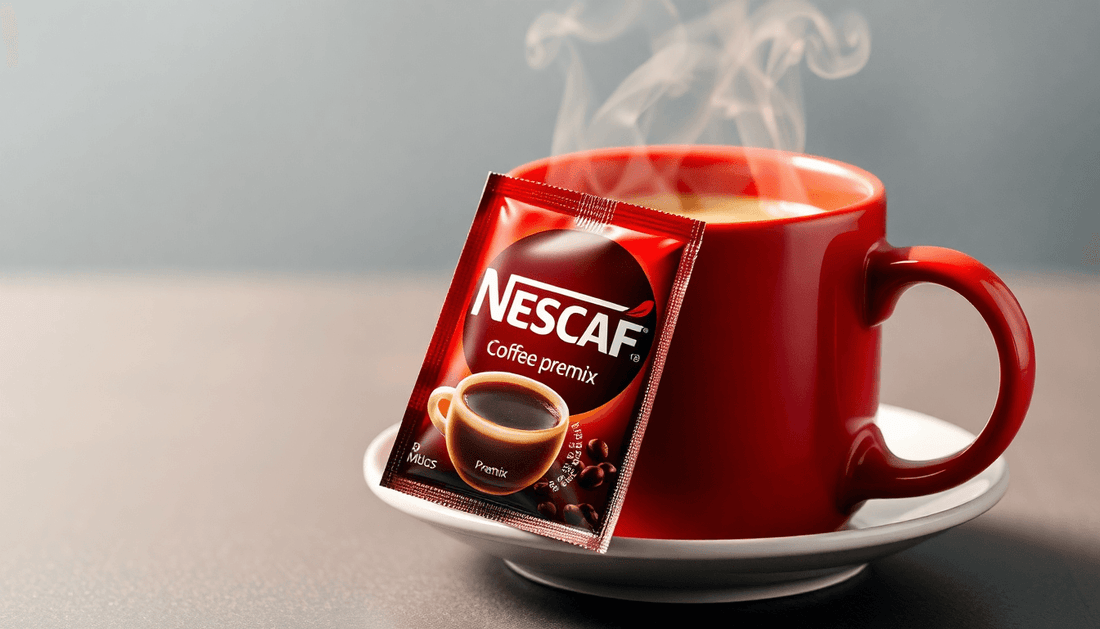 A Nescafe coffee premix sachet with steaming coffee cup