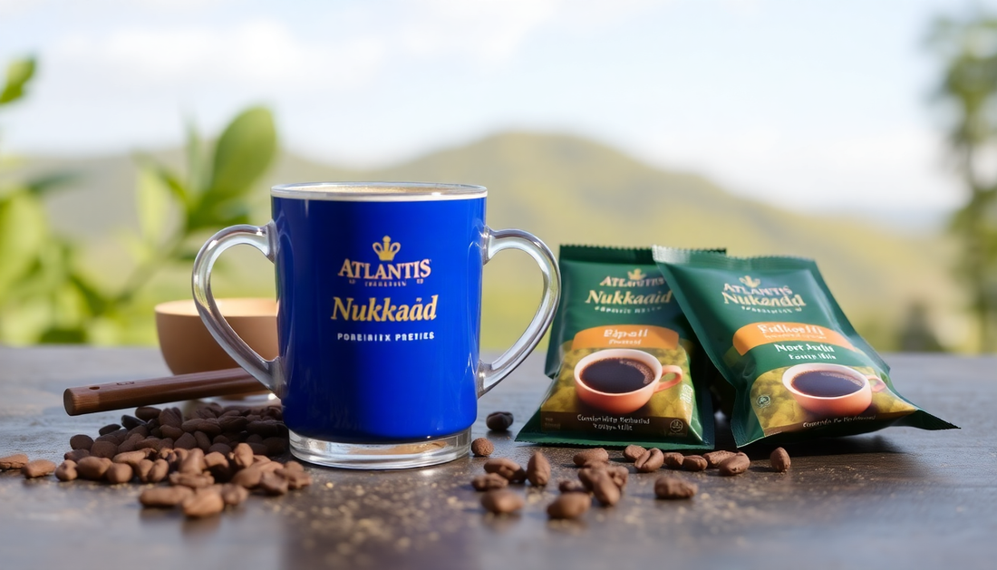 A cup of Atlantis Nukkad 3 in 1 coffee with coffee premix packets