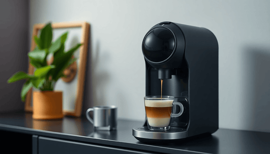 A sleek smart coffee capsule machine brewing coffee