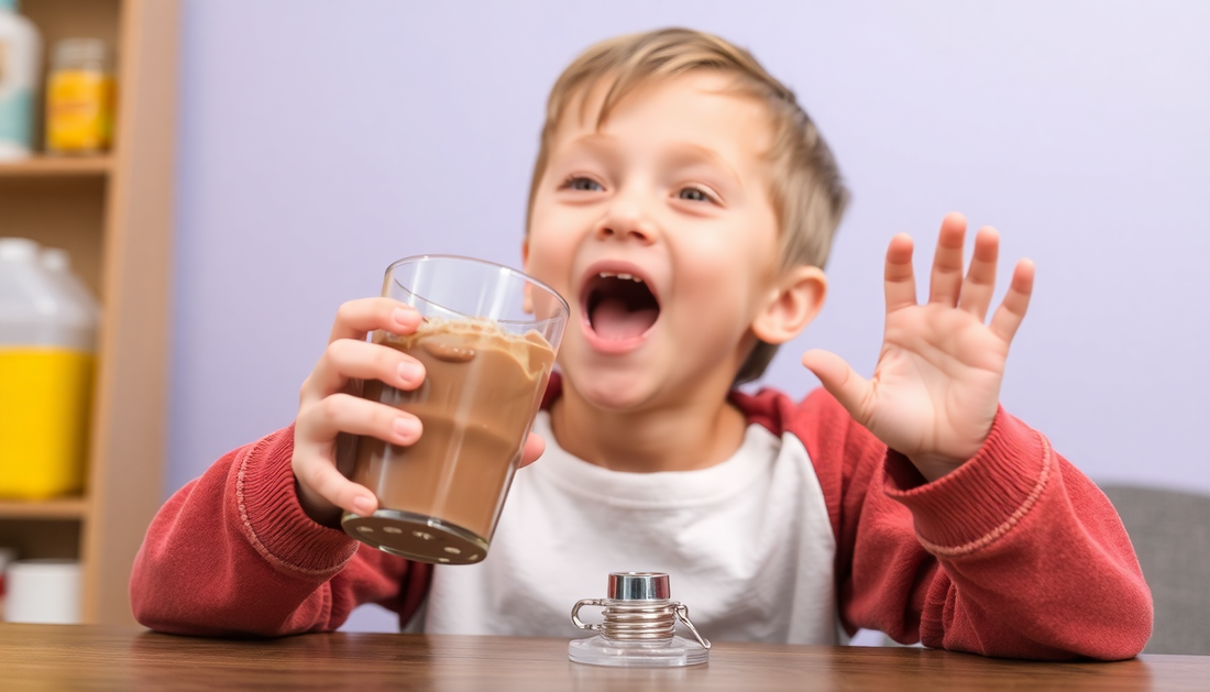 A child excitedly drinking a glass of chocolate Nesquik