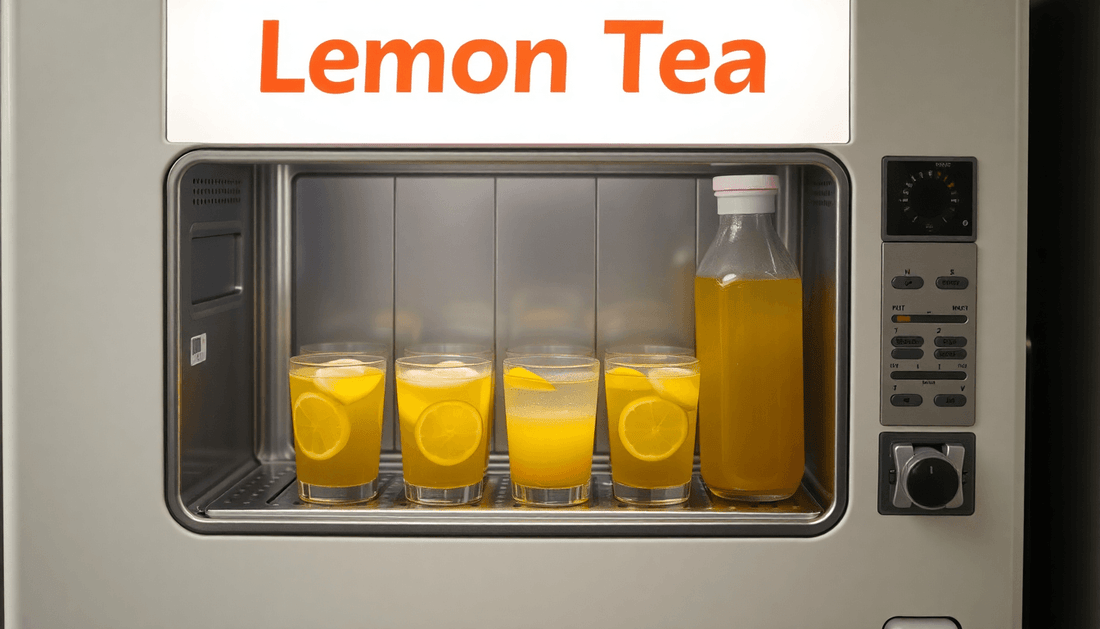 A vending machine dispensing hot lemon tea