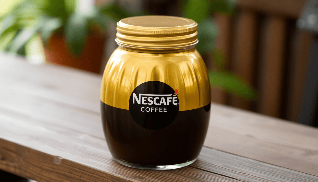 A golden jar of Nescafe coffee on a wooden table