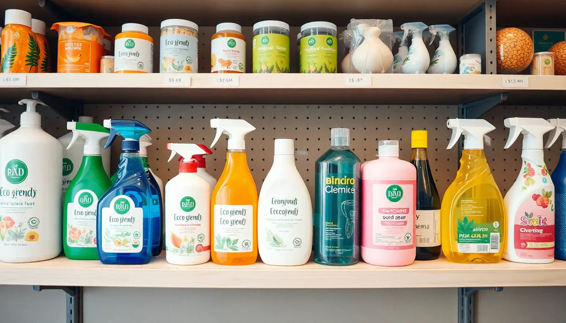 Various eco-friendly cleaning sprays and bottles displayed by trusted cleaning products dealer in Noida on wooden shelves