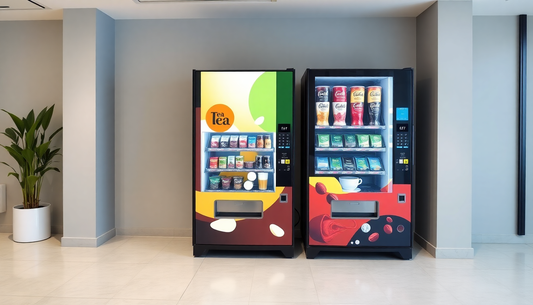 Modern vending machine dispensing tea and coffee in office