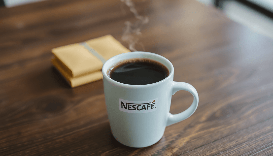 A steaming cup of NESCAFÉ coffee on a wooden table
