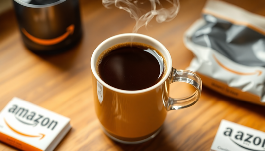 A steaming cup of premix coffee with Amazon packaging