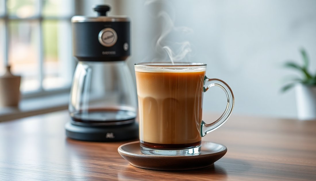 A cup of steaming 3 in 1 coffee premix on table