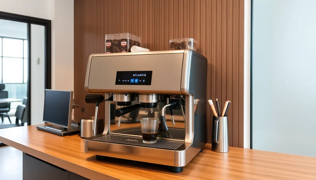Atlantis 8 option vending machine Mizoram placed on wooden counter with coffee cups and laptop in office