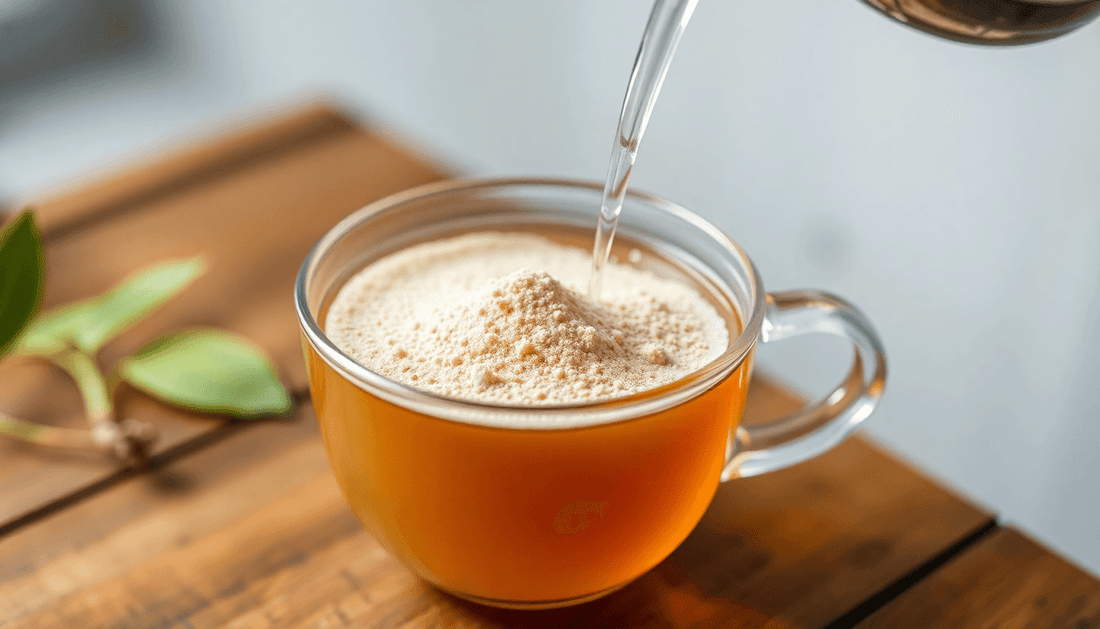 A cup of instant tea powder dissolving in hot water