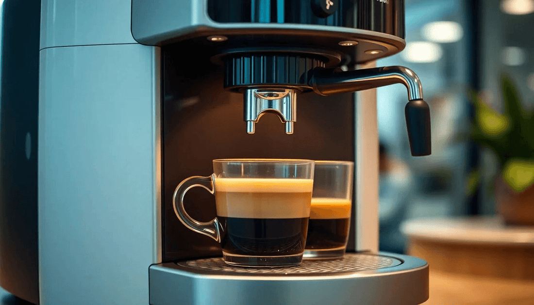 Modern coffee machine brewing fresh coffee in office