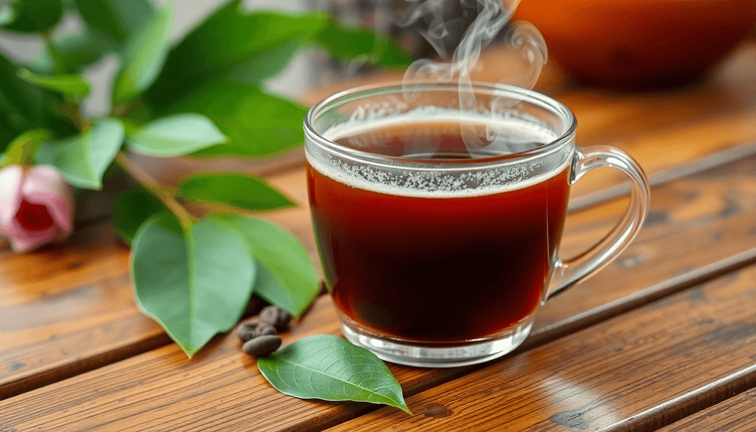 A steaming cup of tea-coffee premix on a wooden table