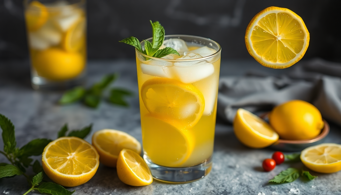 A glass of icy masala nimbu pani with fresh lemons