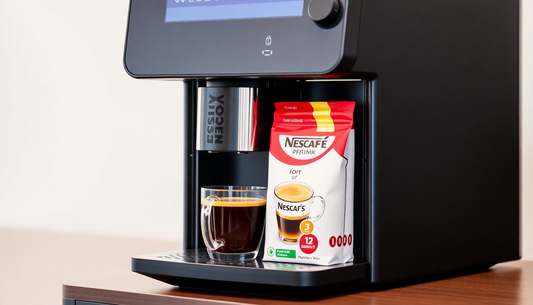 Modern coffee machine with a cup of brewed coffee and Nescafe coffee pack showing best office coffee machines in Delhi 2025