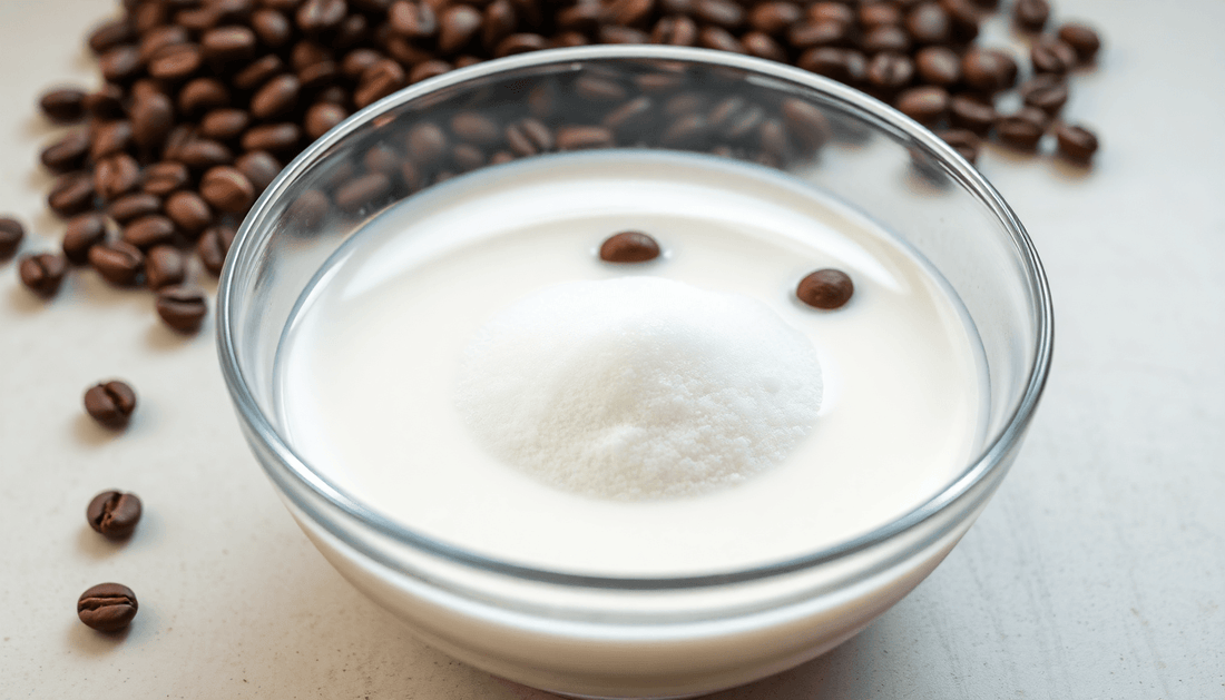 A bowl of dairy and sugar mix with coffee beans