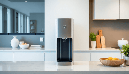 A sleek Voltas water dispenser in a modern kitchen