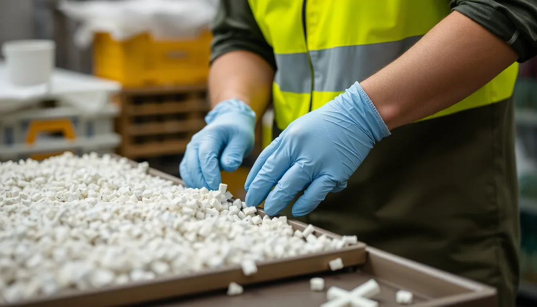 Worker wearing blue disposable gloves Noida sorting small white plastic parts on a factory table