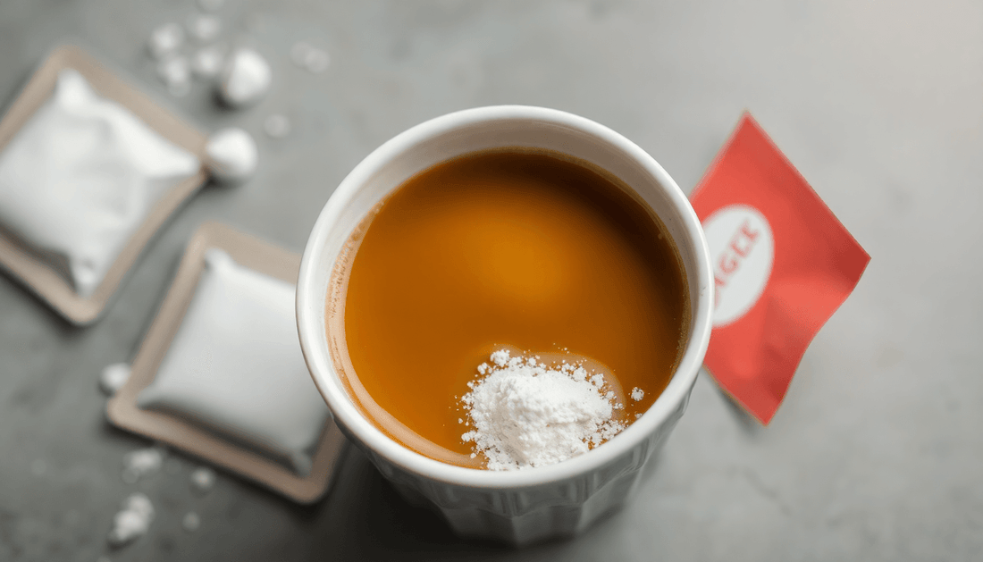 A cup of coffee with milk and sugar powder packets