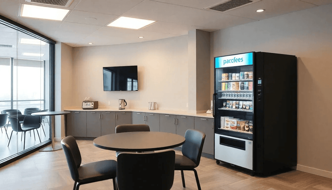 Modern office break room with coffee vending machine