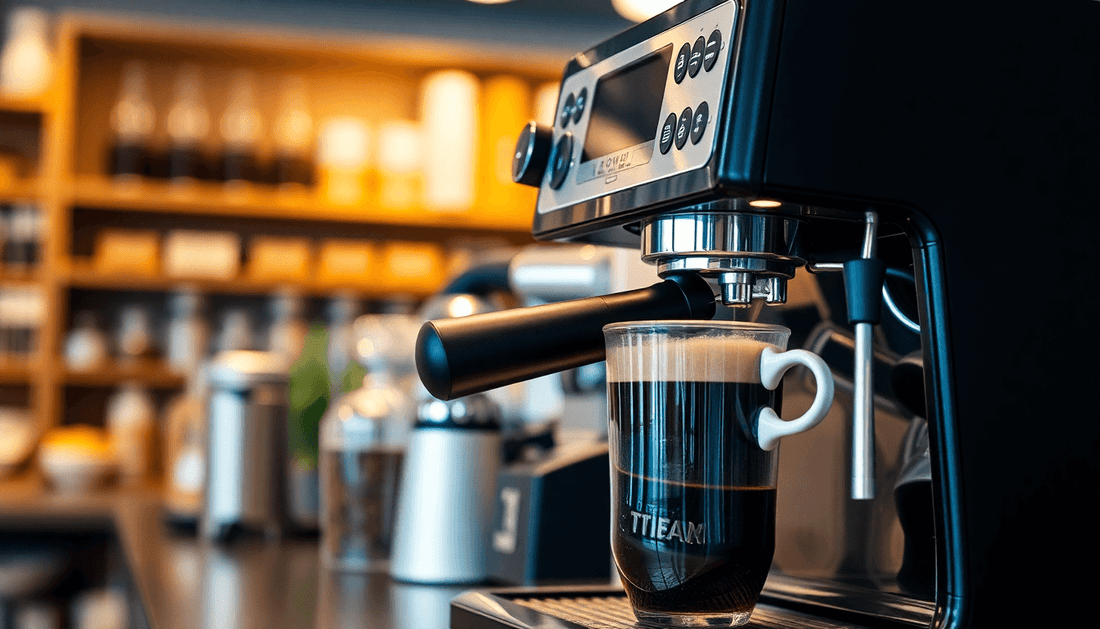 A sleek coffee machine brewing fresh coffee in store